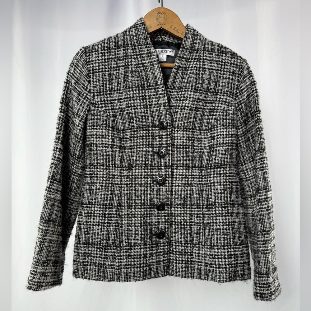 Pendleton Virgin Wool Blend 4 Button Tweed Jacket in Black White Size 2 Petite